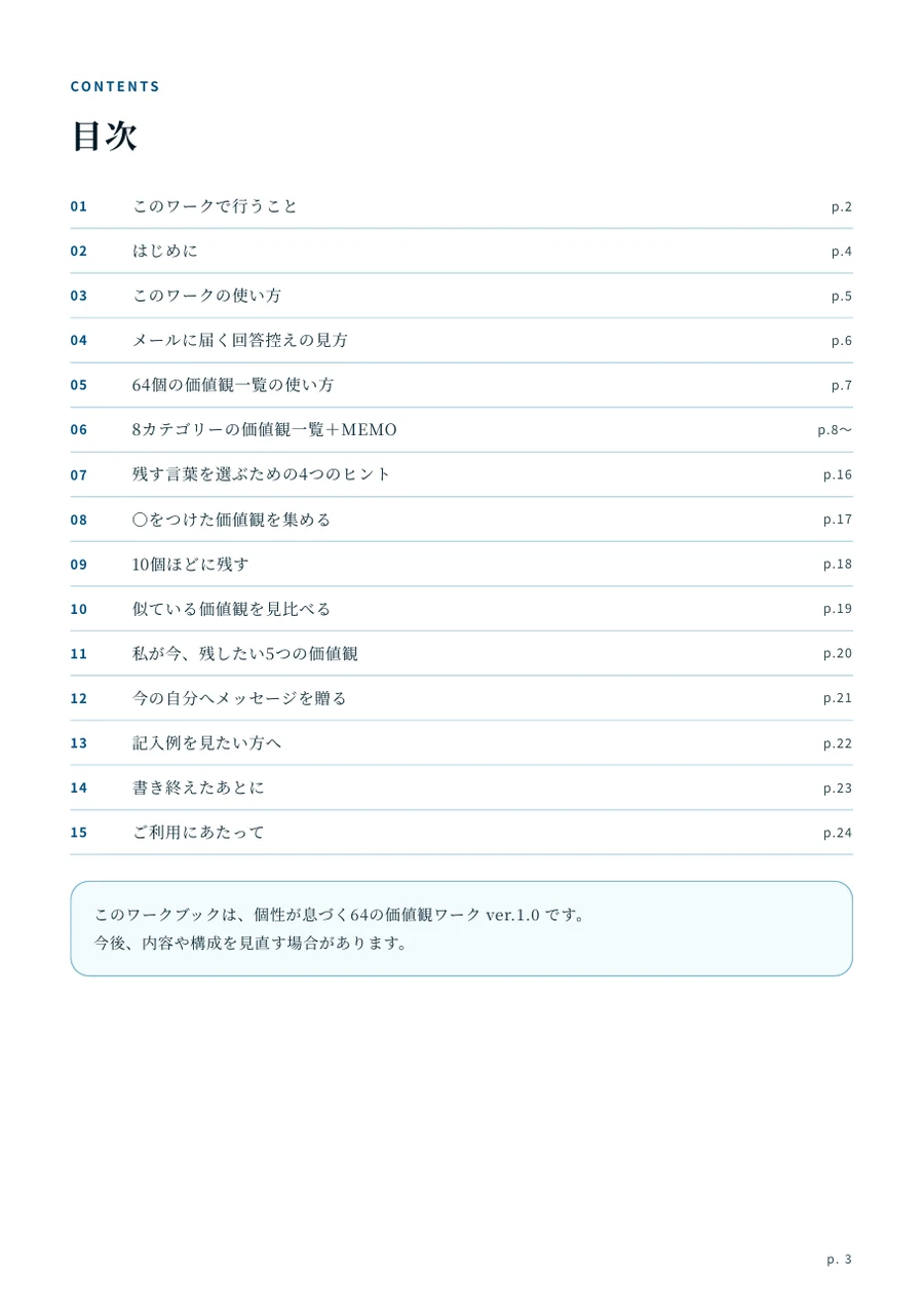 個性が息づく64の価値観ワーク PDFワークブック p.3 目次